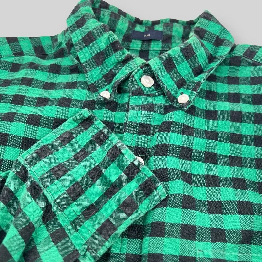 J Crew Shirt Mens Large‎ Slim Fit Green Buffalo Check Plaid Button Oxford